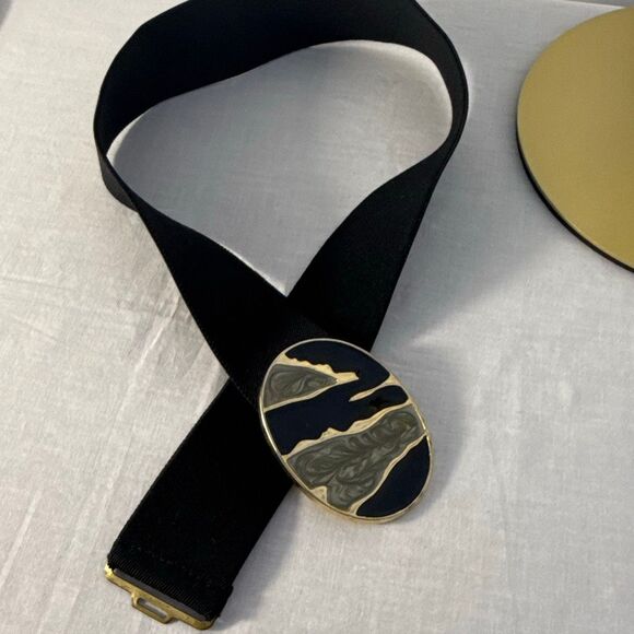 Vintage Nan Lewis Black & Gold Sculptural Enamel Buckle Belt1980s Modernist S
